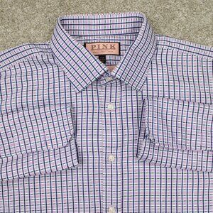 Thomas Pink Prestige Shirt Men 17, 35 Pink/Blue French Cuff Cotton L/S Button Up